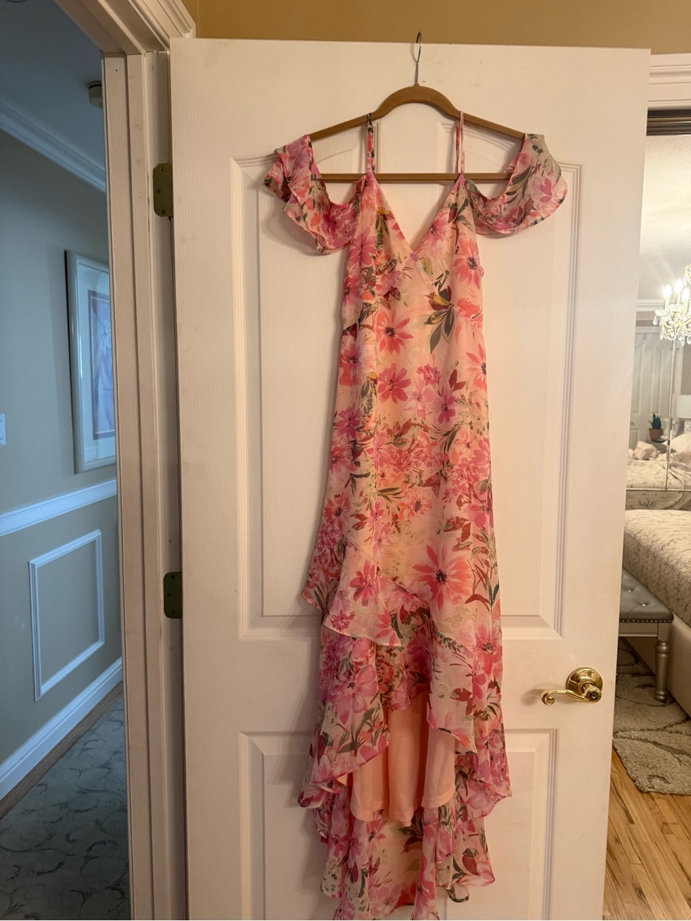 Pink Floral High-Low Ruffle Maxi Dress